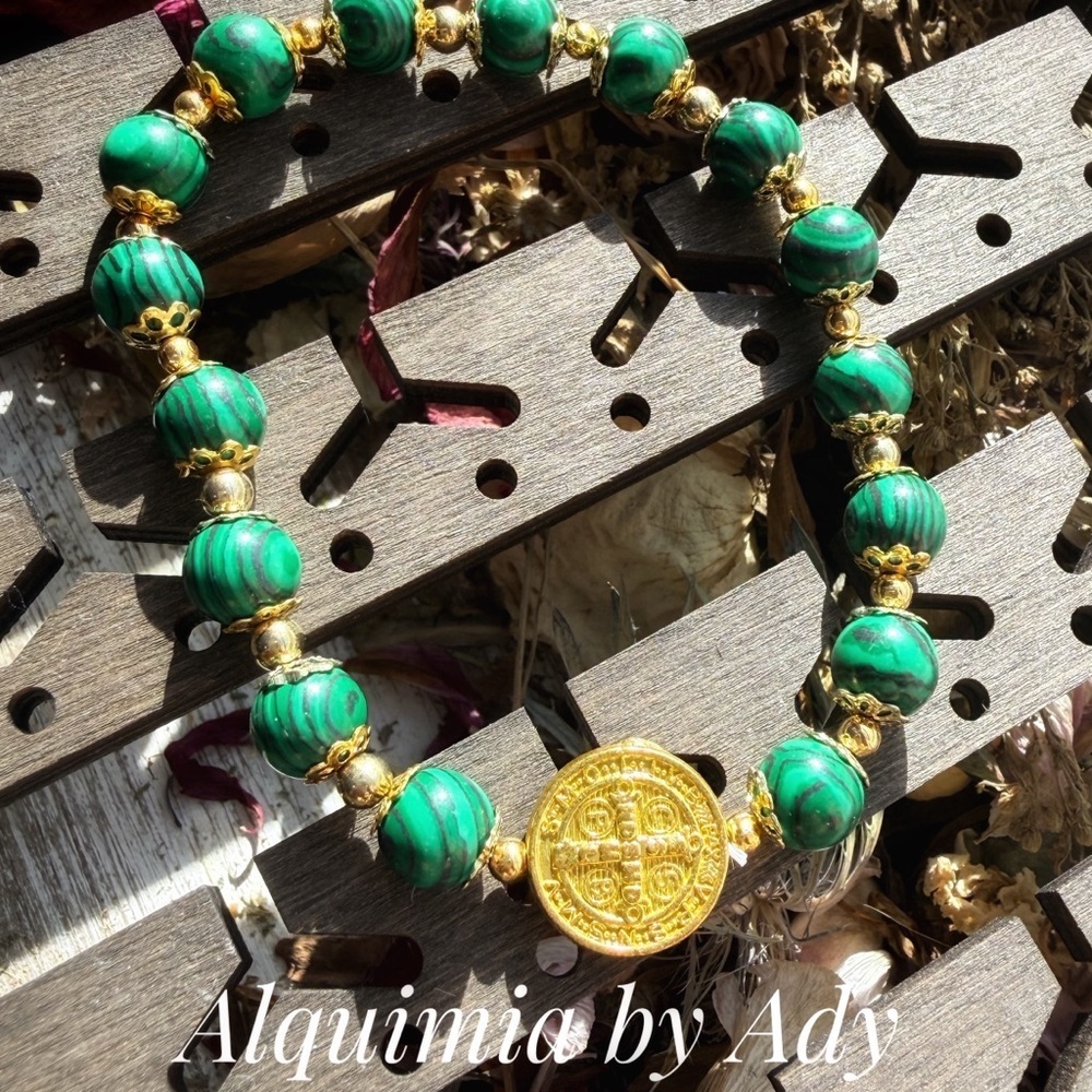 Malachite and Saint Benedict gold statement vintage style bracelet